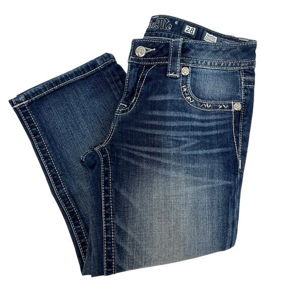 Miss Me Capri Cropped Embroidered Studded Wide Leg Denim Jean Blue Stretch Sz 28 - Picture 13 of 16